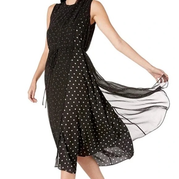 VINCE Polka Dot Midi Dress Black White Layered Tie Waist Size XS Sleeveless NWT - Picture 2 of 14